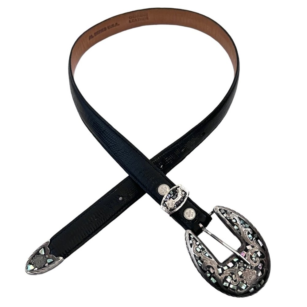 AL BERES Lizard emboss leather belt w Western MOP inlay buckle sz 26